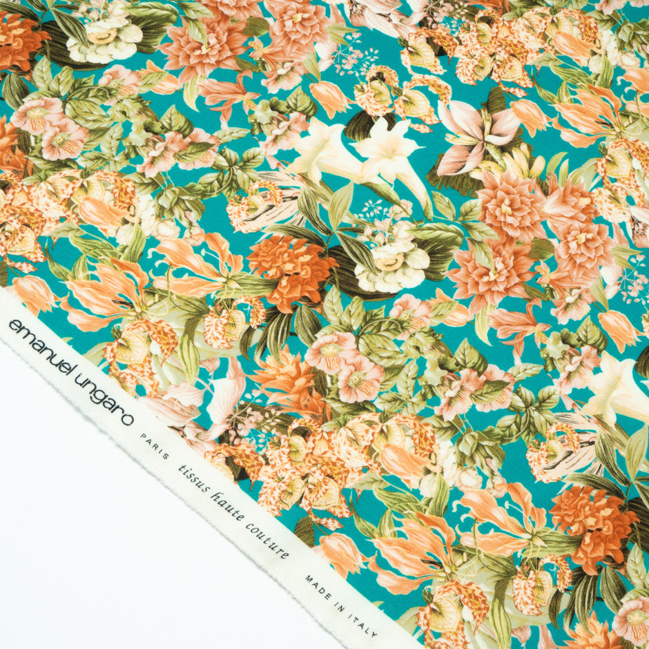 Orange Floral Printed Turquoise Pure Wool