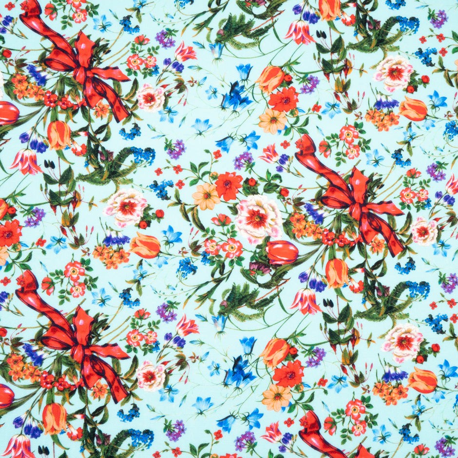 Floral & Bow Printed Soft Blue Merino Wool