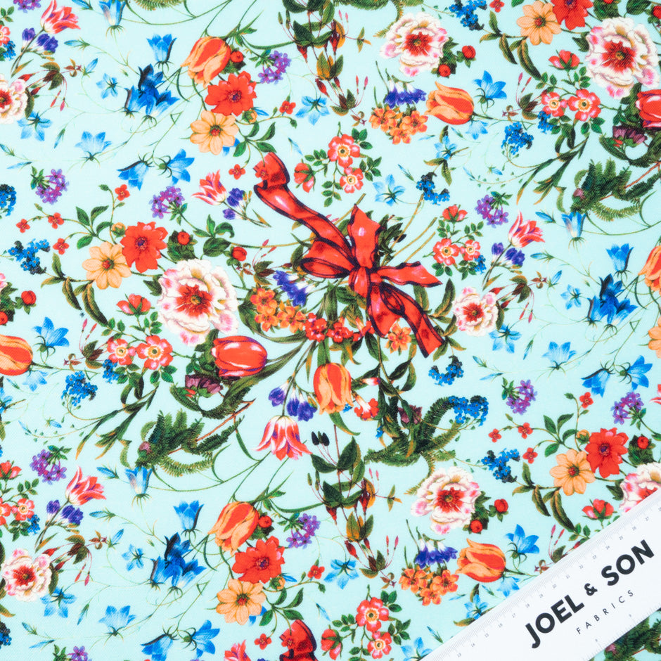 Floral & Bow Printed Soft Blue Merino Wool