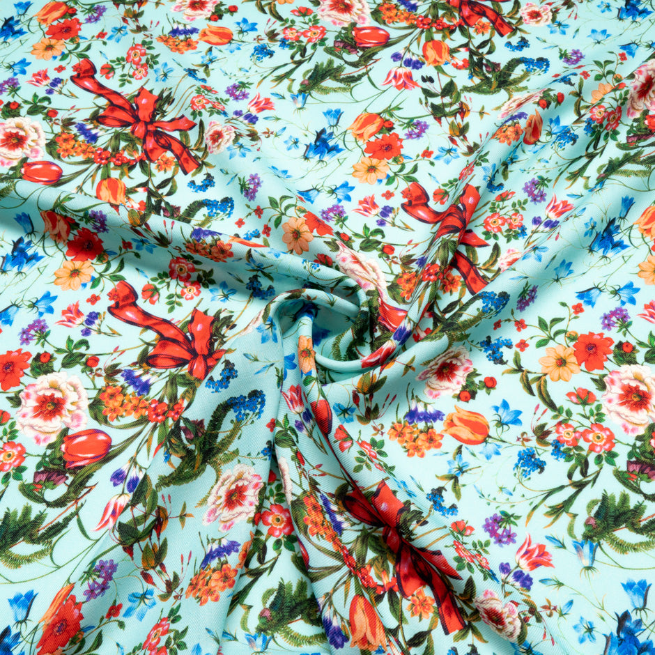 Floral & Bow Printed Soft Blue Merino Wool