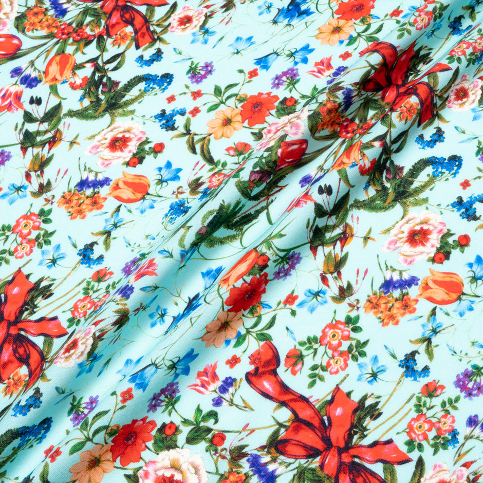 Floral & Bow Printed Soft Blue Merino Wool