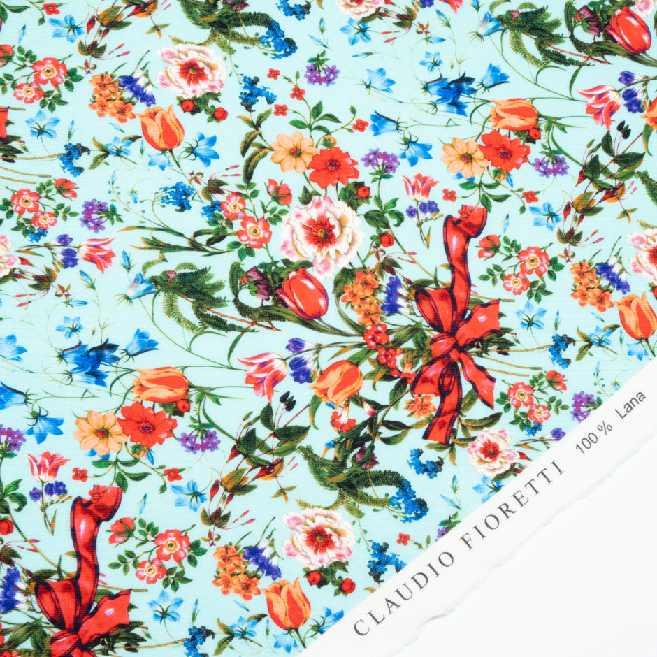 Floral & Bow Printed Soft Blue Merino Wool