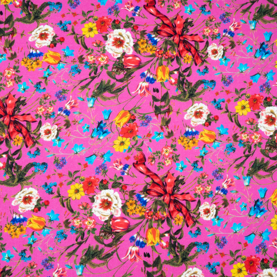 Floral & Bow Printed Bright Pink Merino Wool