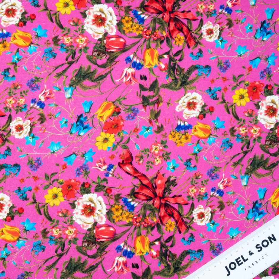 Floral & Bow Printed Bright Pink Merino Wool