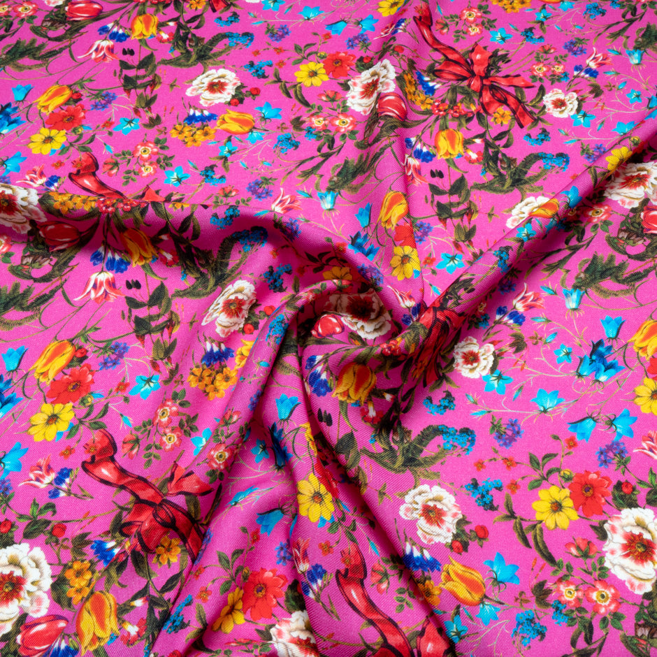 Floral & Bow Printed Bright Pink Merino Wool