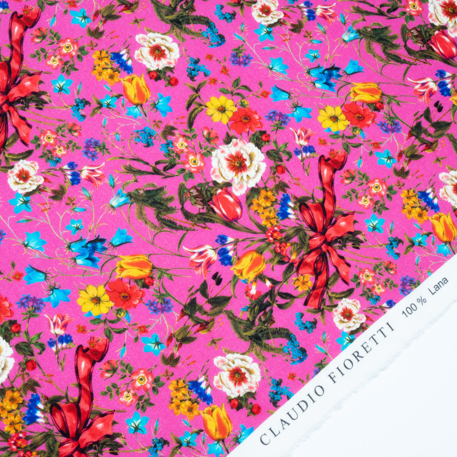 Floral & Bow Printed Bright Pink Merino Wool