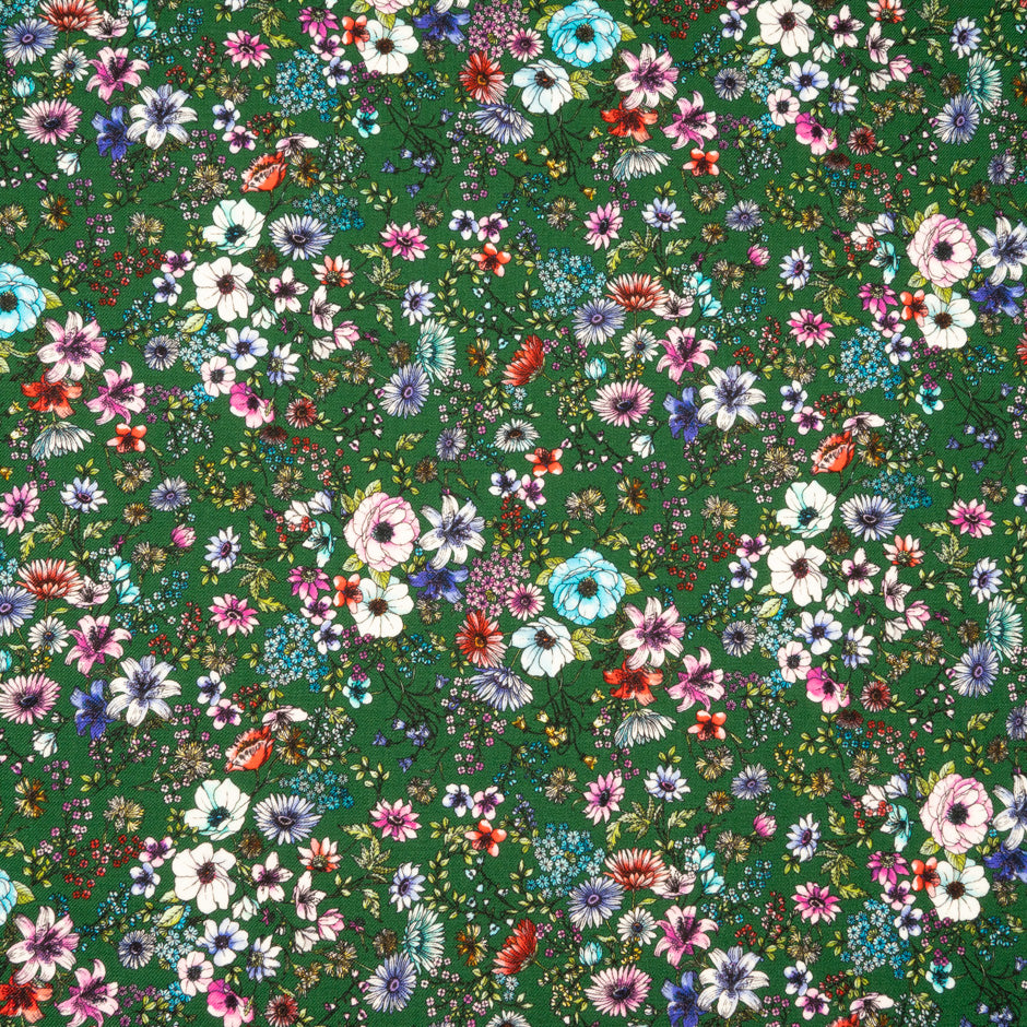 Multi Floral Printed Deep Green Merino Wool