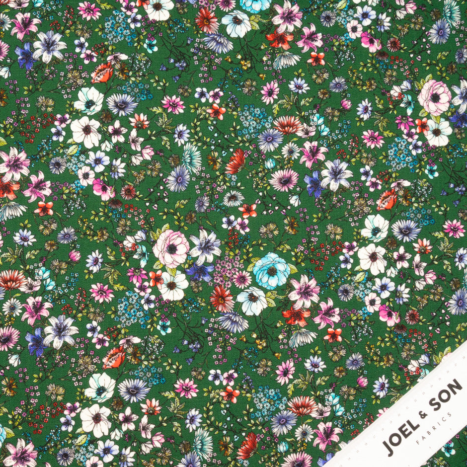 Multi Floral Printed Deep Green Merino Wool