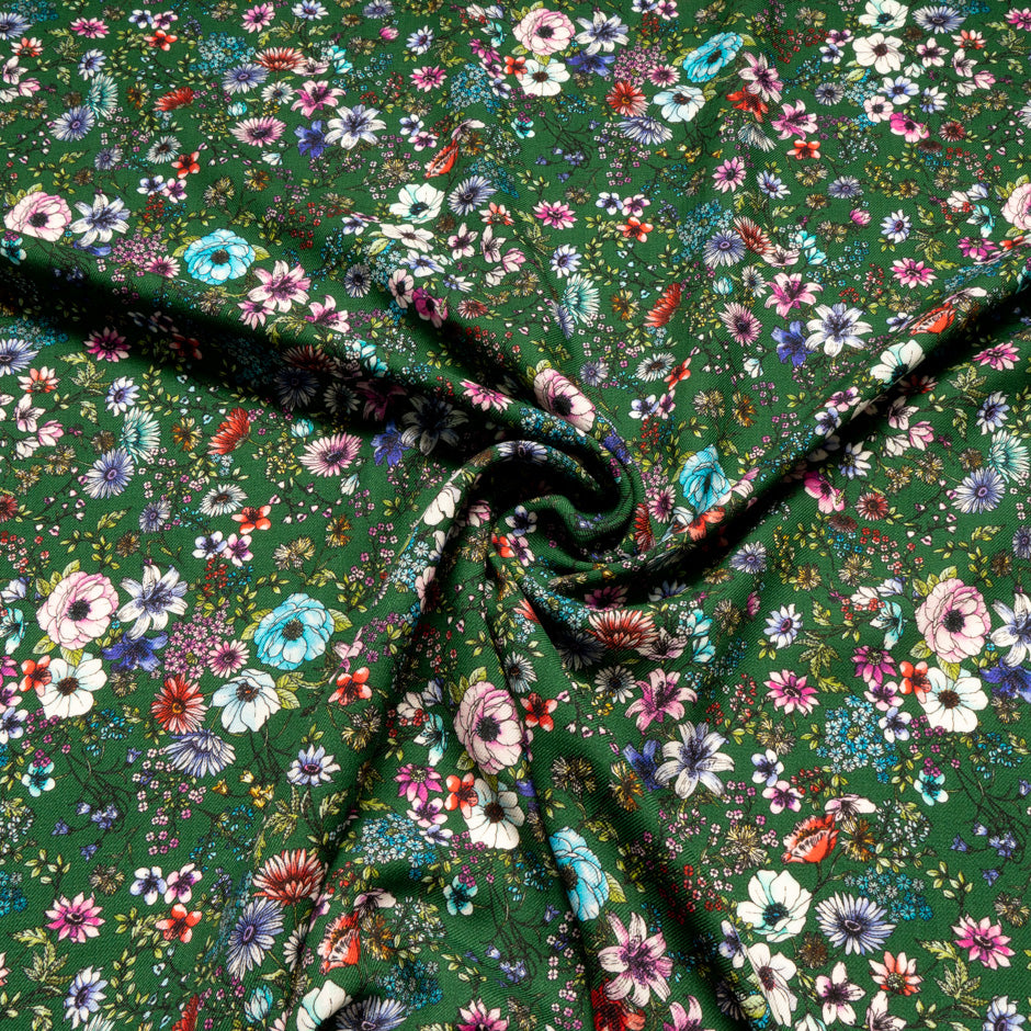 Multi Floral Printed Deep Green Merino Wool