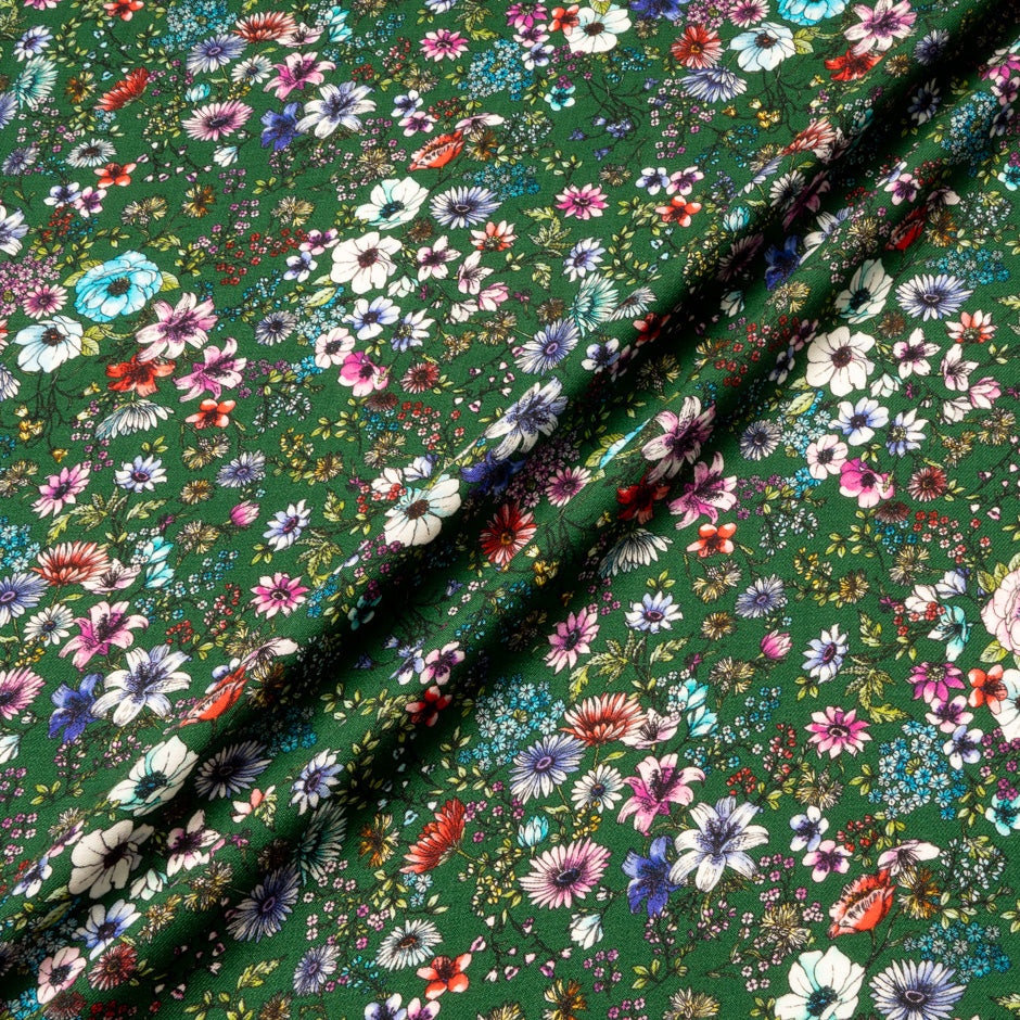 Multi Floral Printed Deep Green Merino Wool