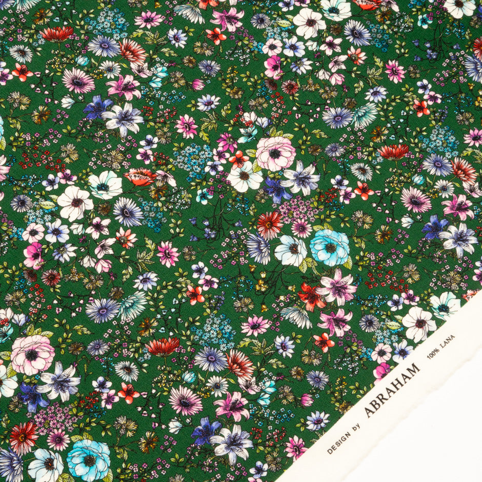 Multi Floral Printed Deep Green Merino Wool