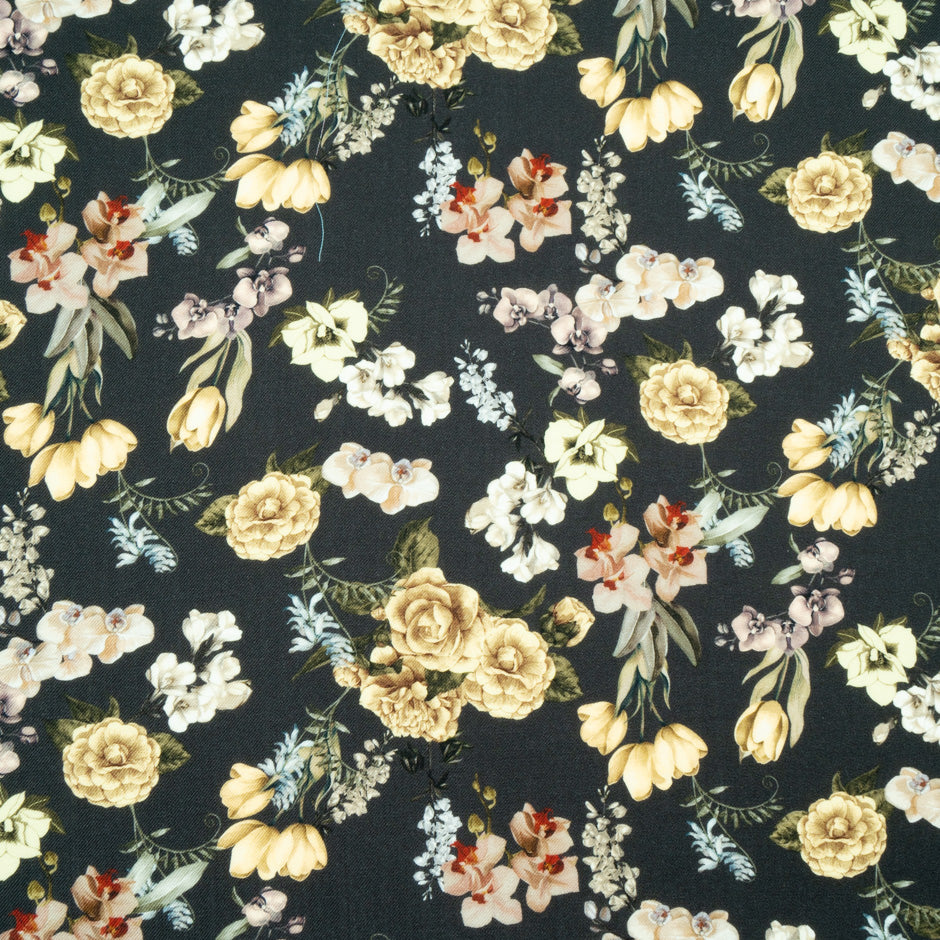 Multi Floral Printed Black Merino Wool