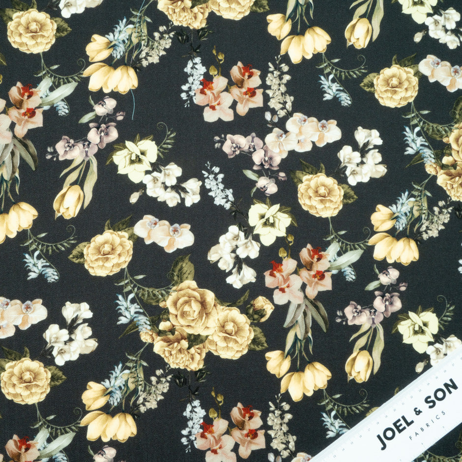 Multi Floral Printed Black Merino Wool