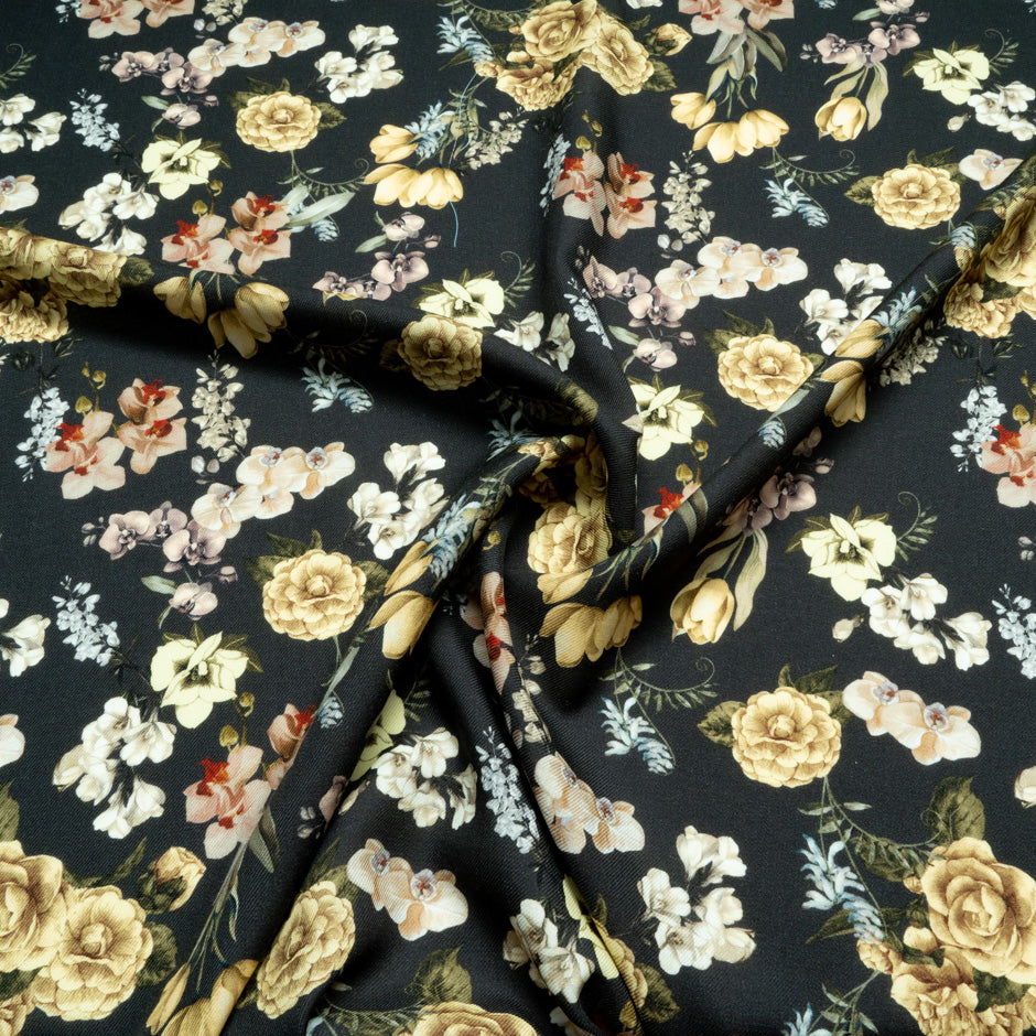 Multi Floral Printed Black Merino Wool