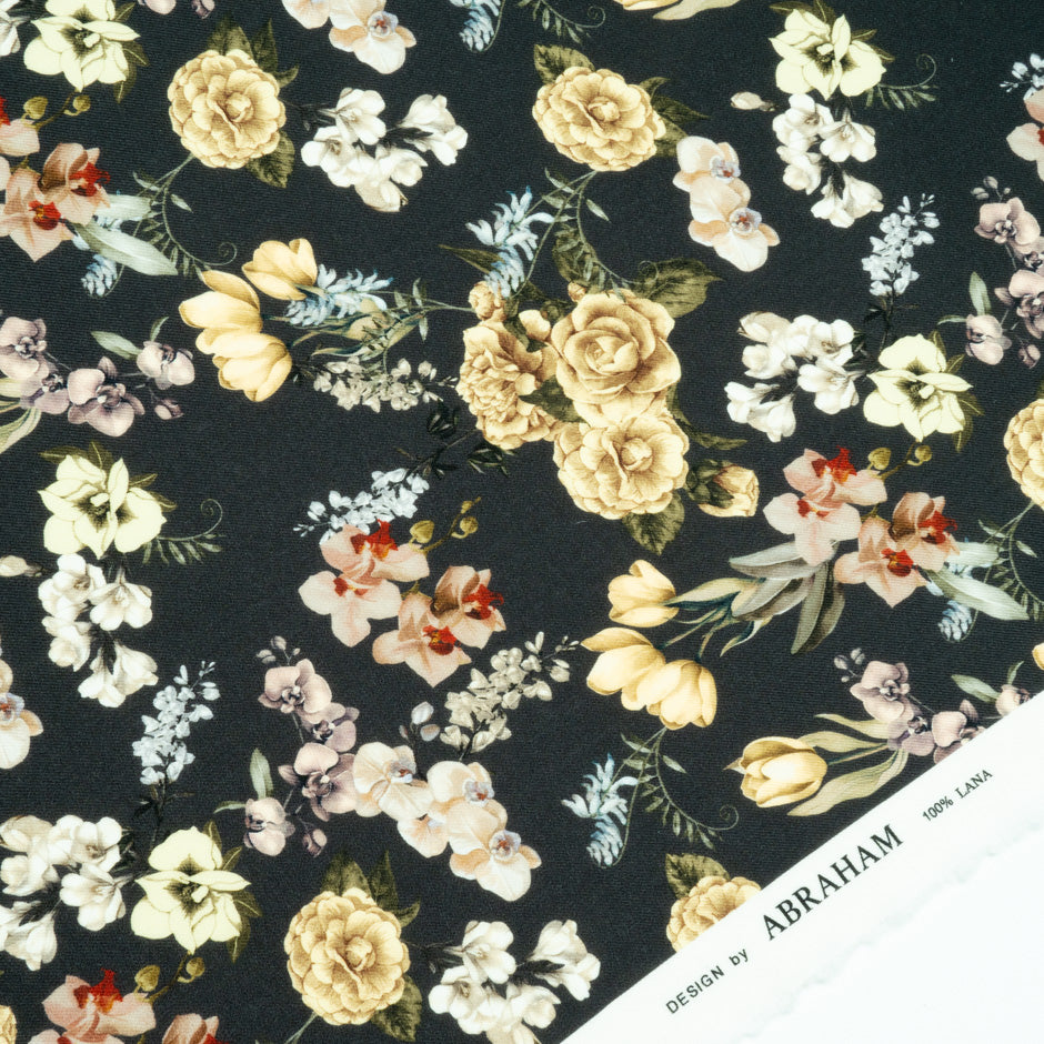 Multi Floral Printed Black Merino Wool