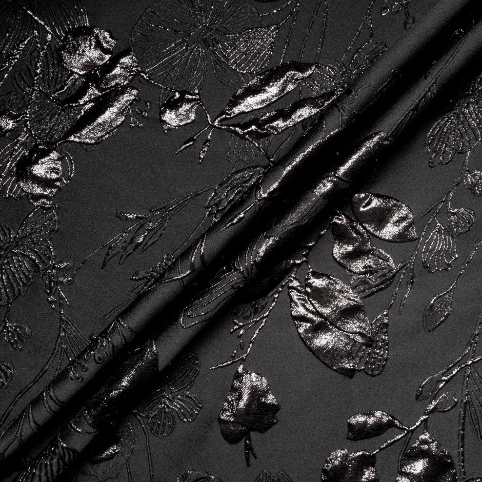 Jet Black Metallic Floral Cloqué