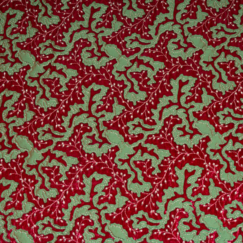 Green Abstract Laser Cut Embroidered Red Velvet