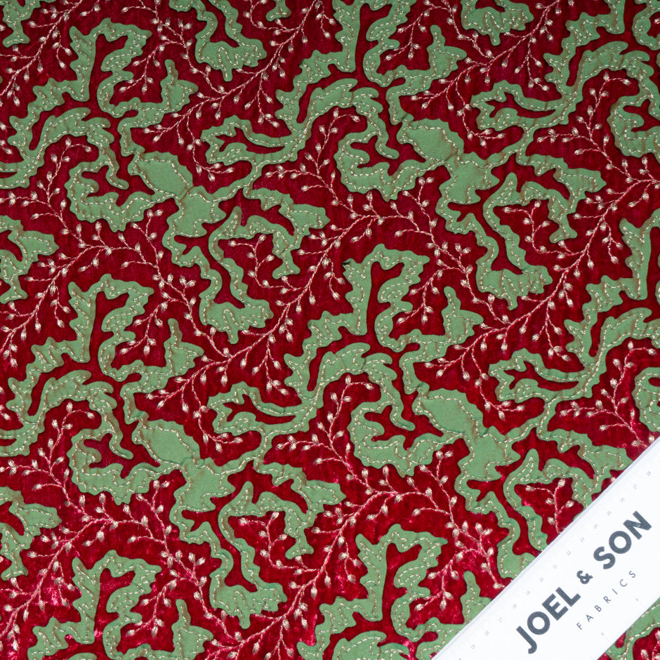 Green Abstract Laser Cut Embroidered Red Velvet
