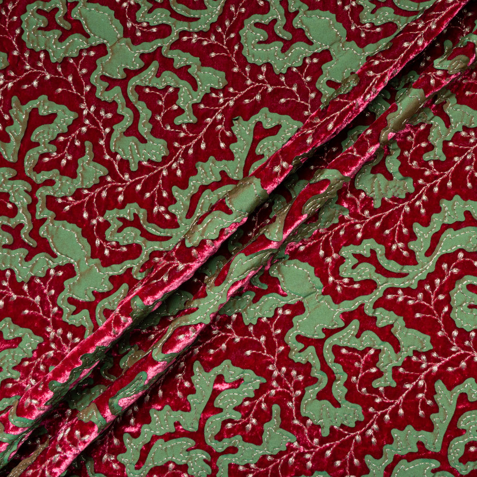 Green Abstract Laser Cut Embroidered Red Velvet