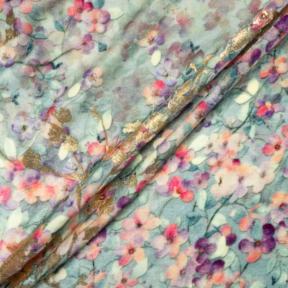 Multi-Coloured & Gold Floral Luxury Velvet