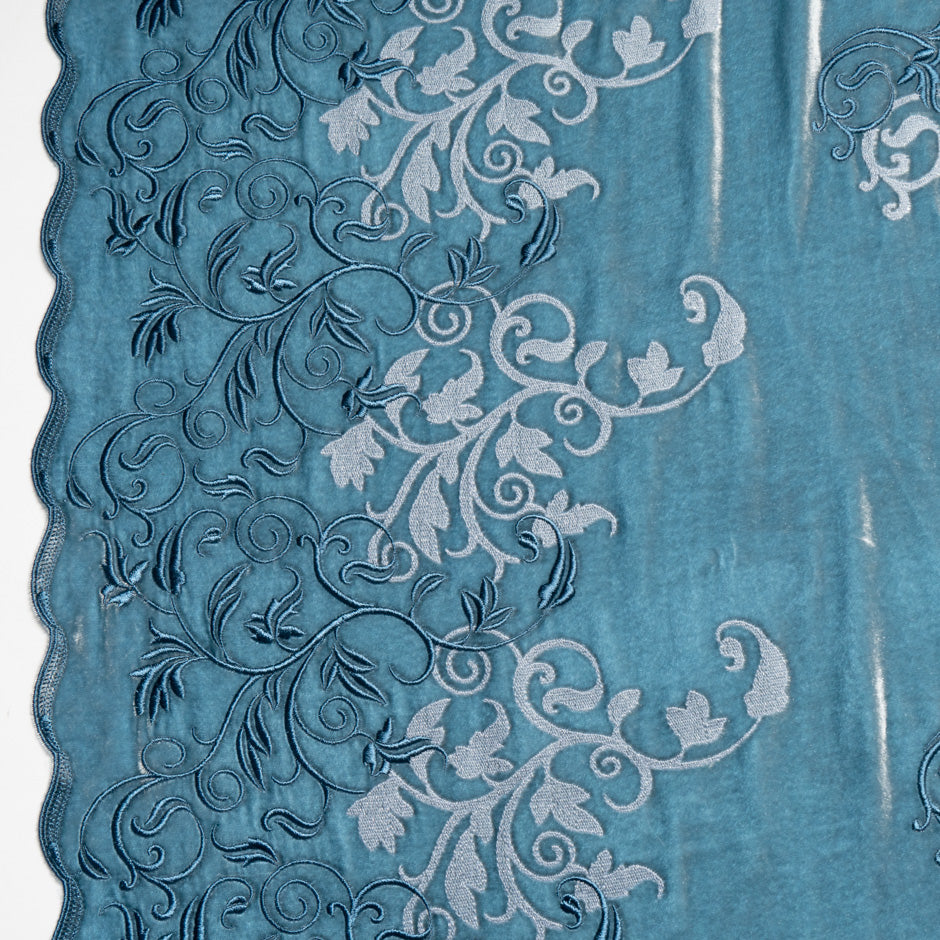 Floral Embroidered Teal Blue Velvet