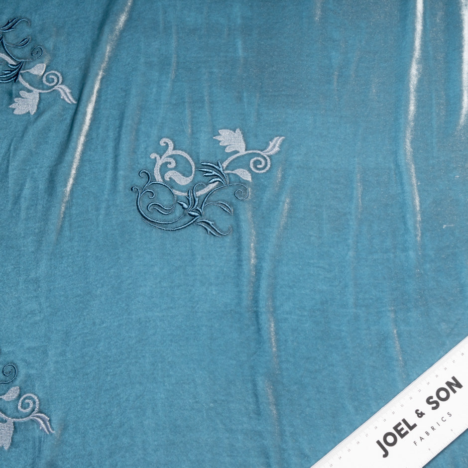 Floral Embroidered Teal Blue Velvet