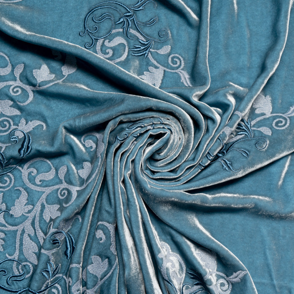 Floral Embroidered Teal Blue Velvet