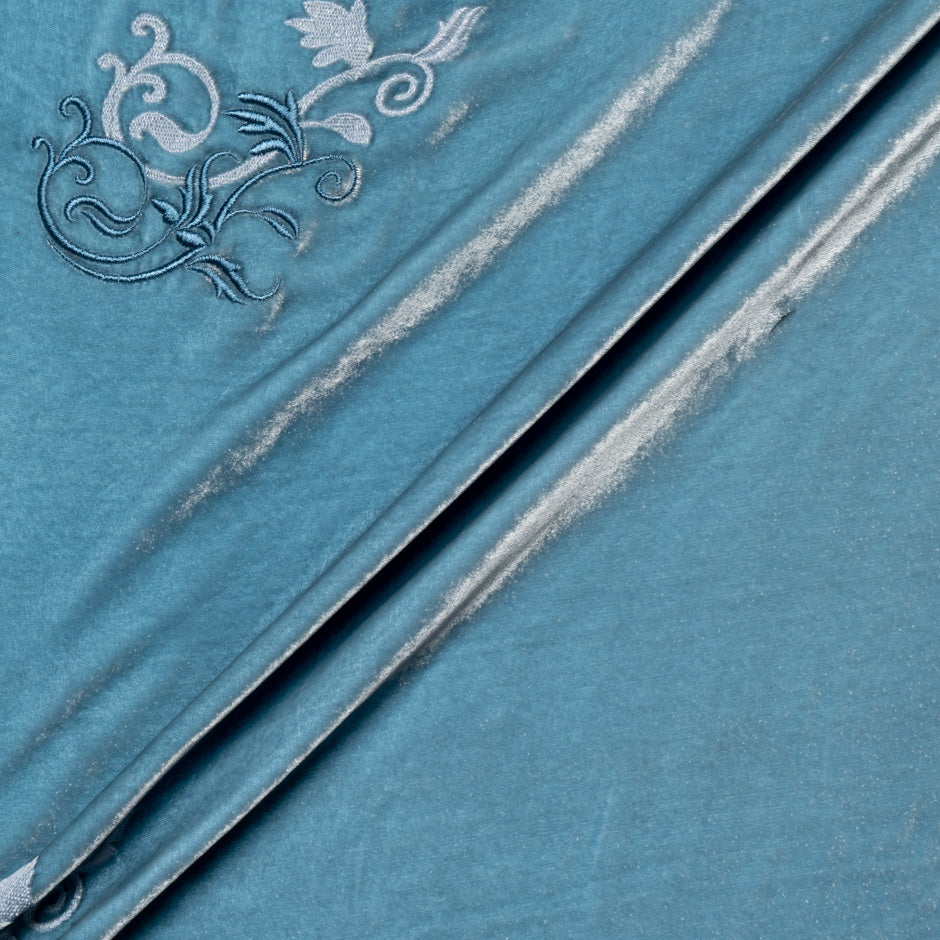 Floral Embroidered Teal Blue Velvet