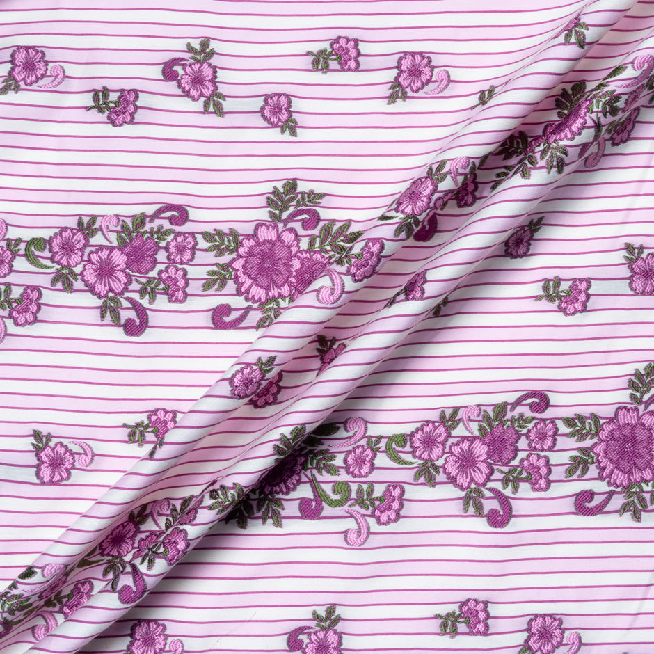 Fuchsia Pink Floral Embroidered Striped  Brocade