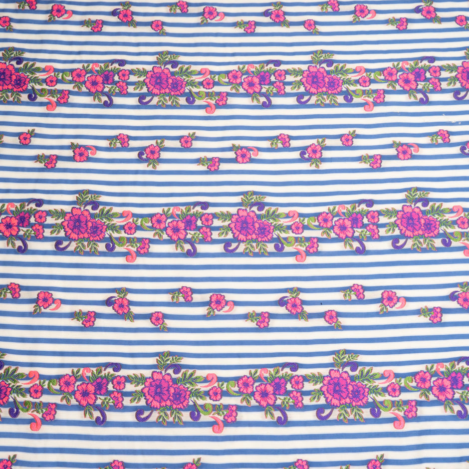 Fluorescent Pink Floral Embroidered Striped Brocade