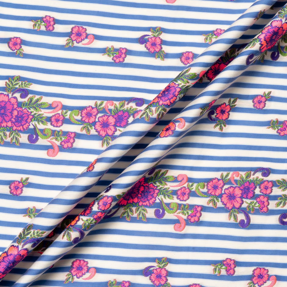 Fluorescent Pink Floral Embroidered Striped Brocade