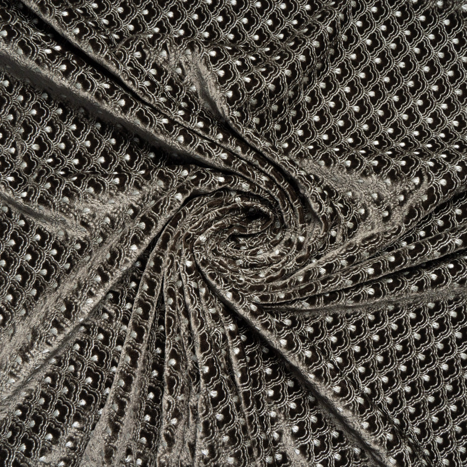 Silver 'Fan' Embroidered Dark Brown Velvet