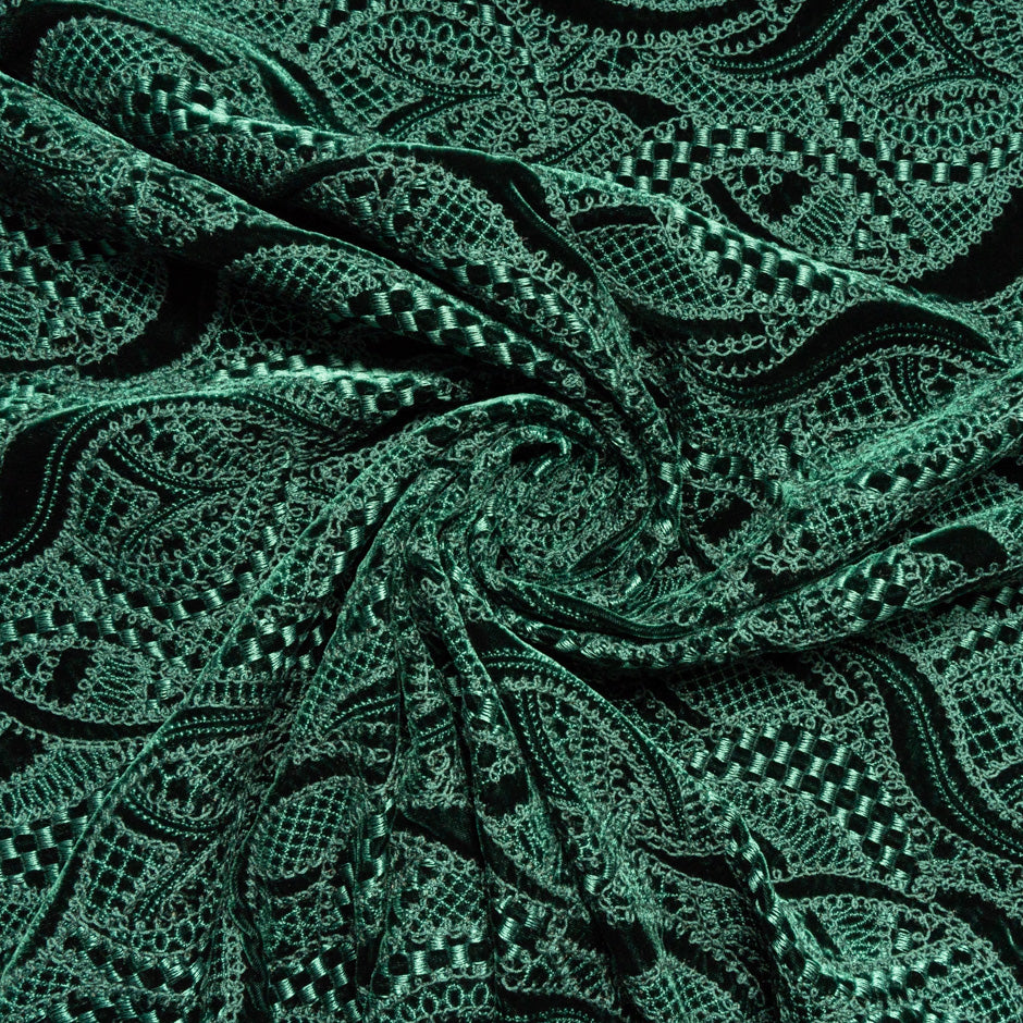 Bottle Green Abstract Embroidered Silk Blend Velvet