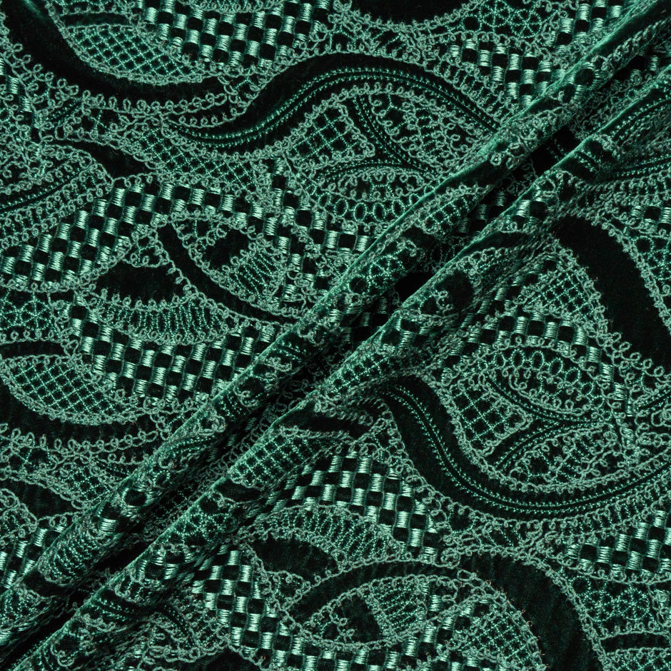 Bottle Green Abstract Embroidered Silk Blend Velvet
