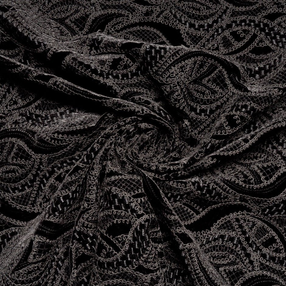 Black Abstract Embroidered Silk Blend Velvet