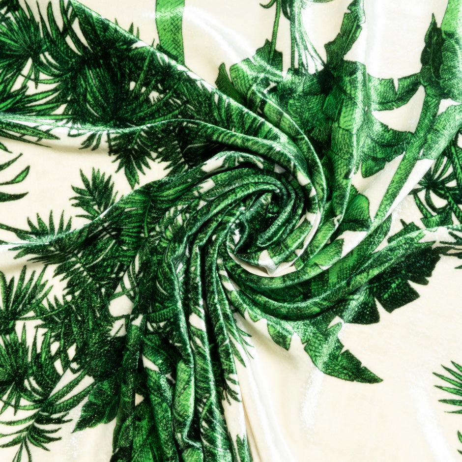 Emerald Green Palm Tree Printed Luxury Velvet