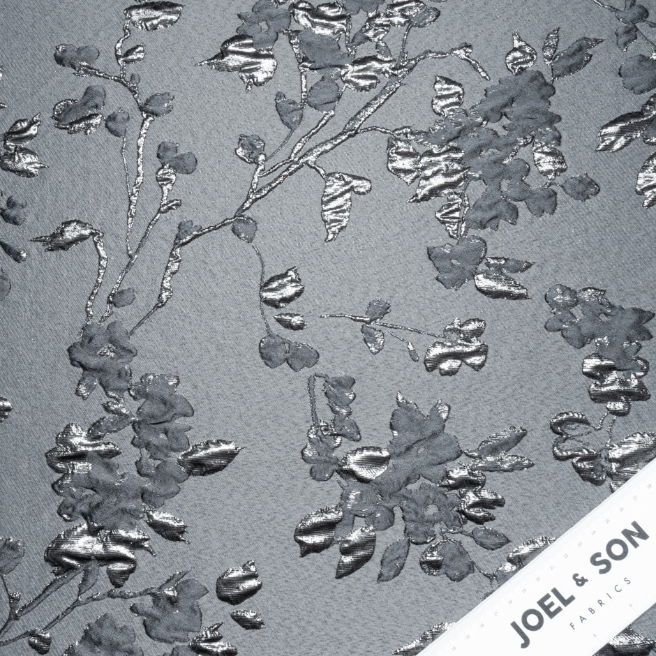 Slate Grey Metallic Floral Cloqué