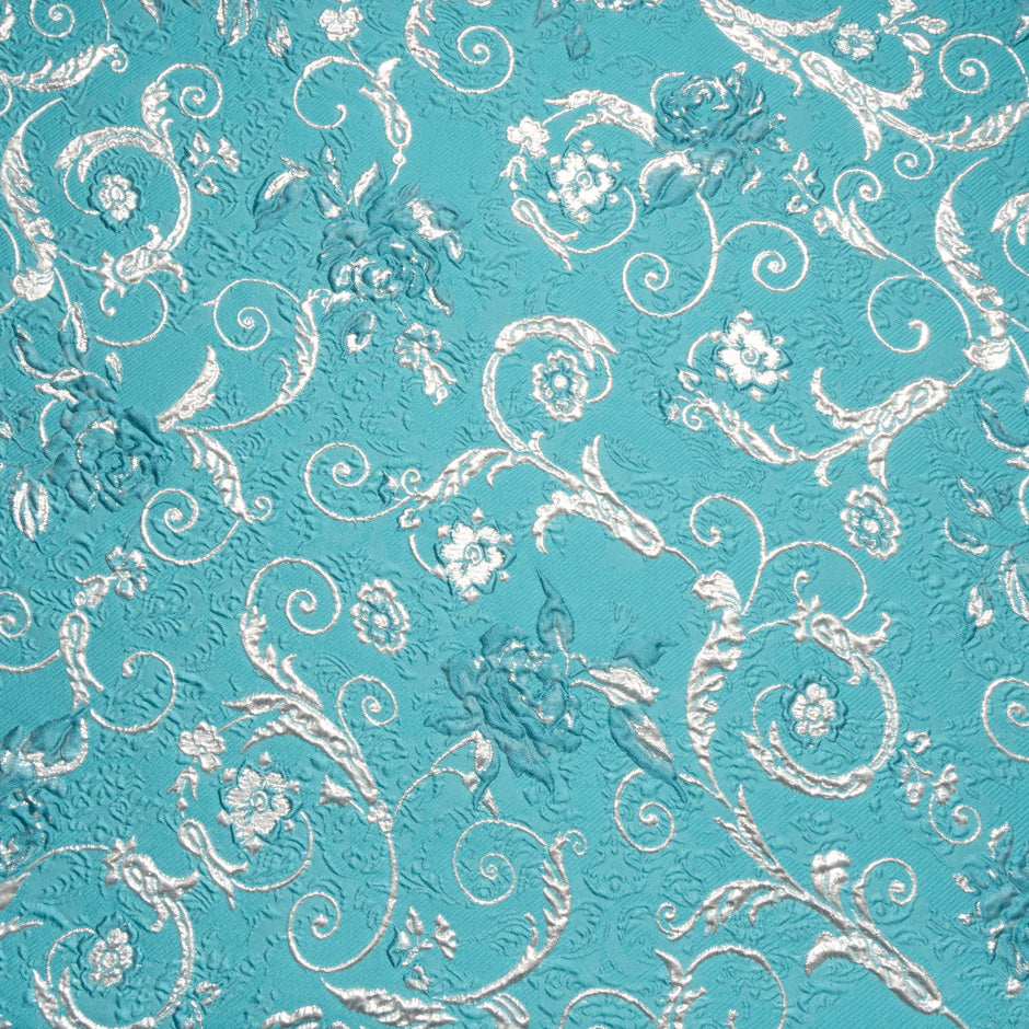 Silver Metallic Floral Turquoise Cloqué