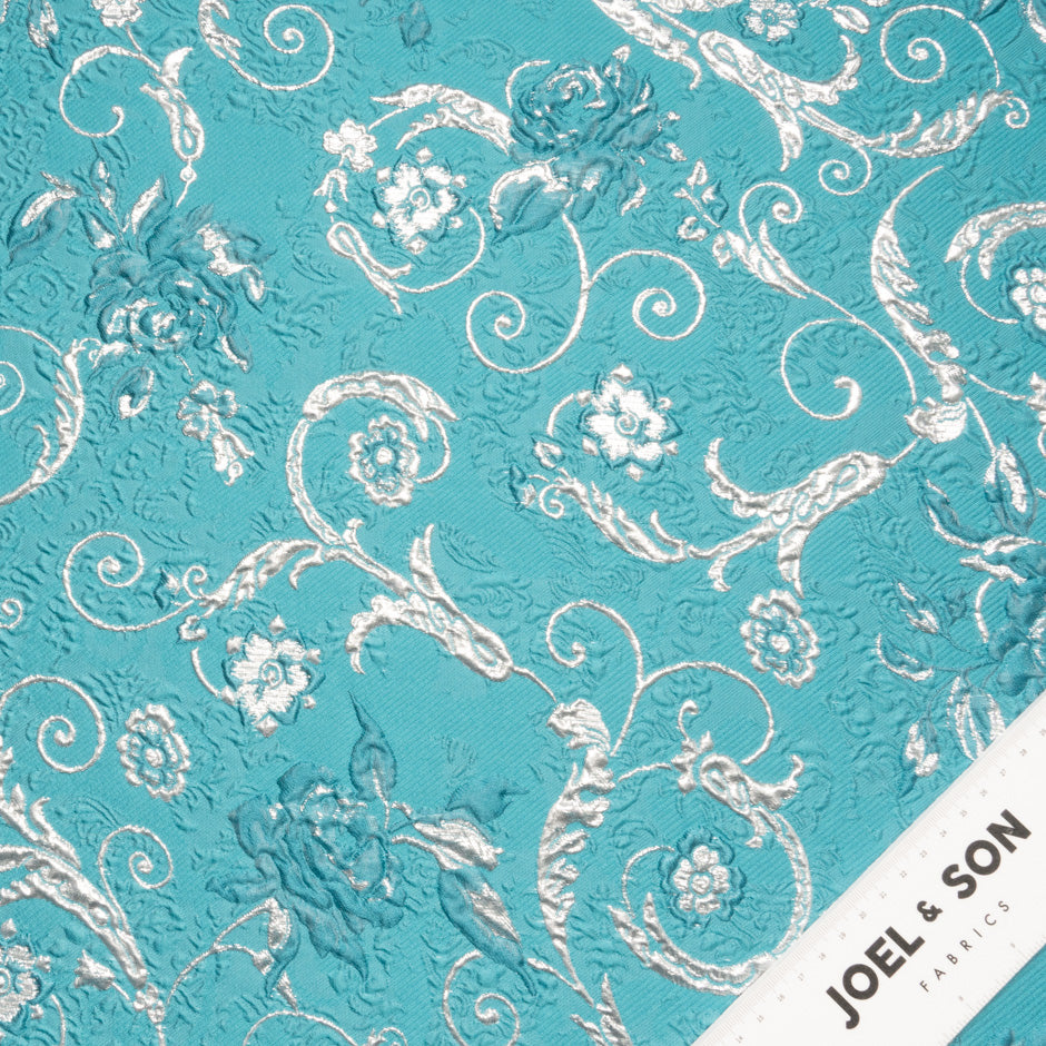 Silver Metallic Floral Turquoise Cloqué