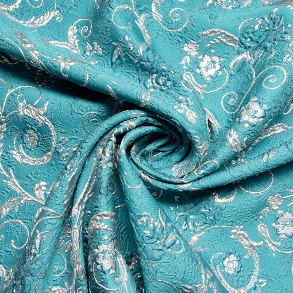 Silver Metallic Floral Turquoise Cloqué