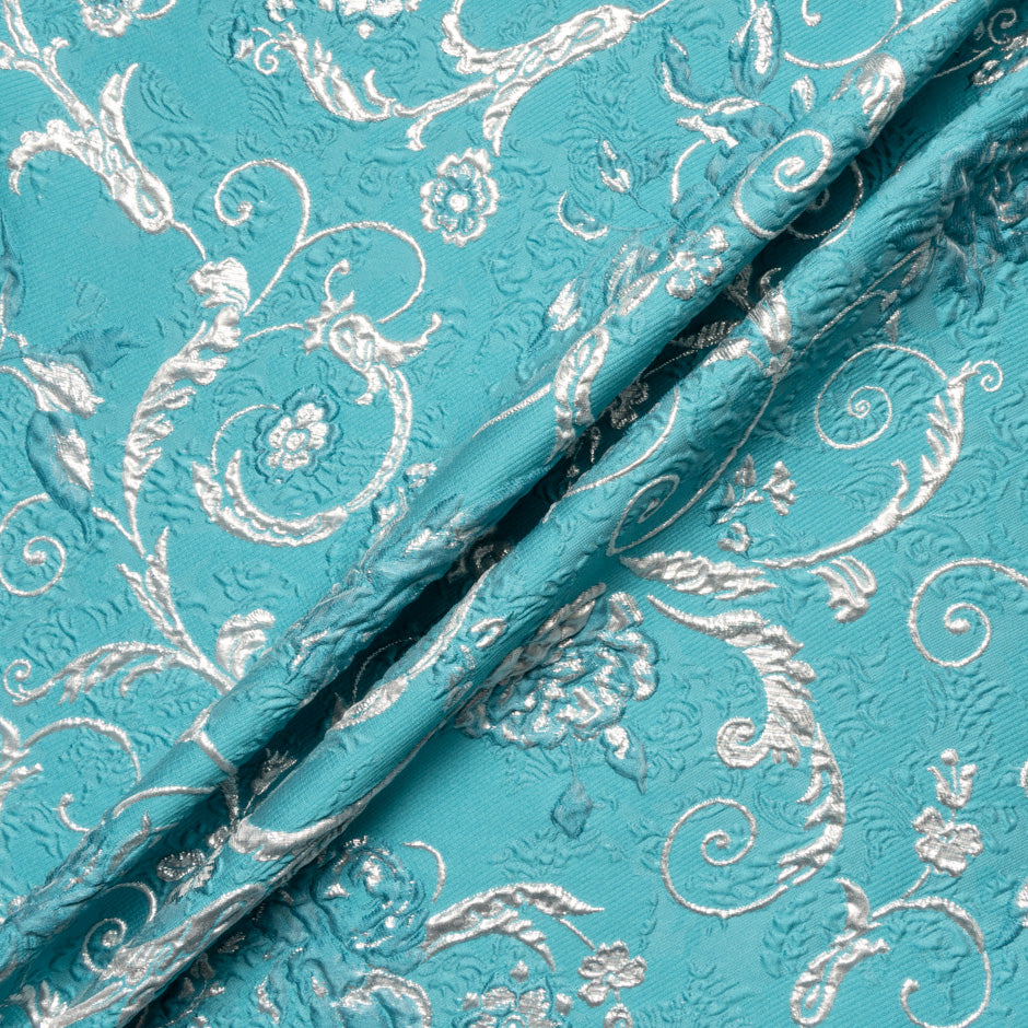 Silver Metallic Floral Turquoise Cloqué