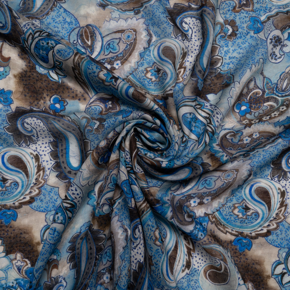 Beige Paisley Printed Blue Superfine Pure Wool