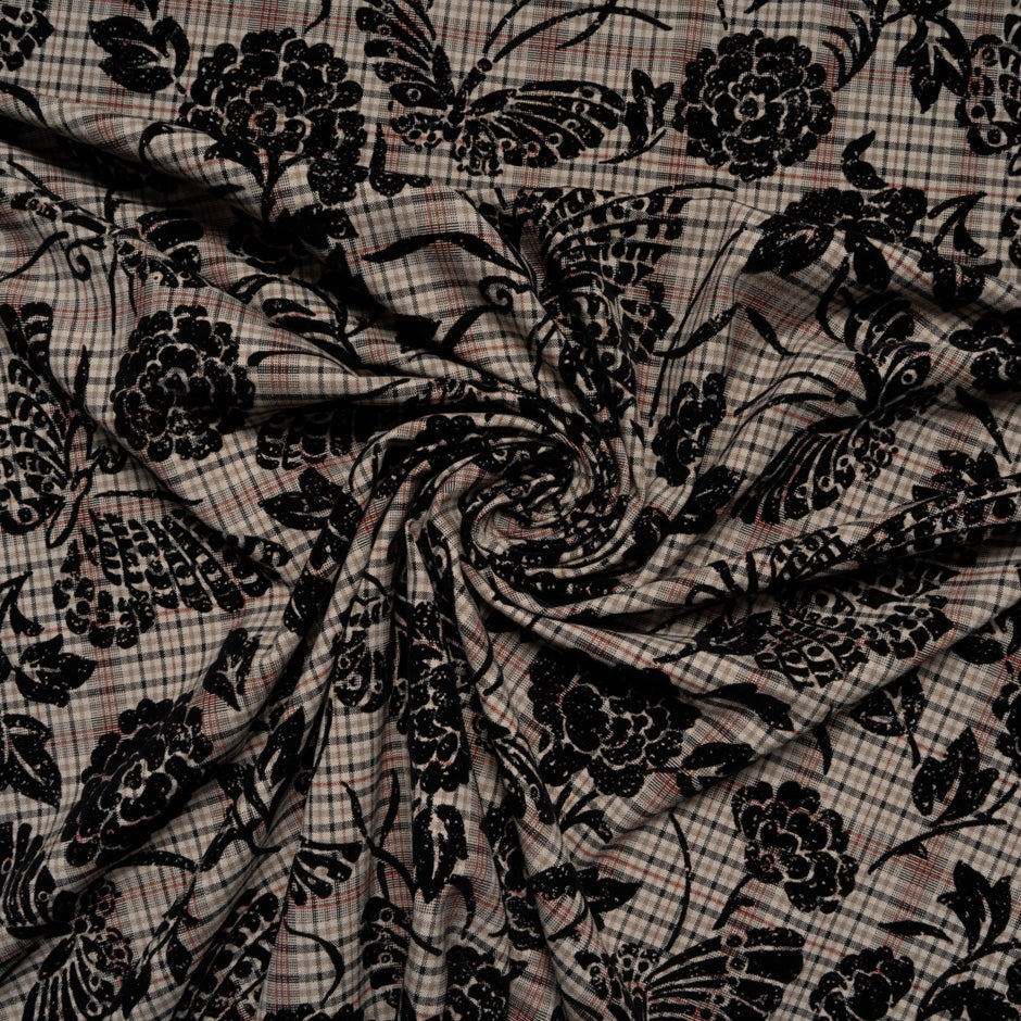 Floral & Butterfly Flocked Microfibre Check