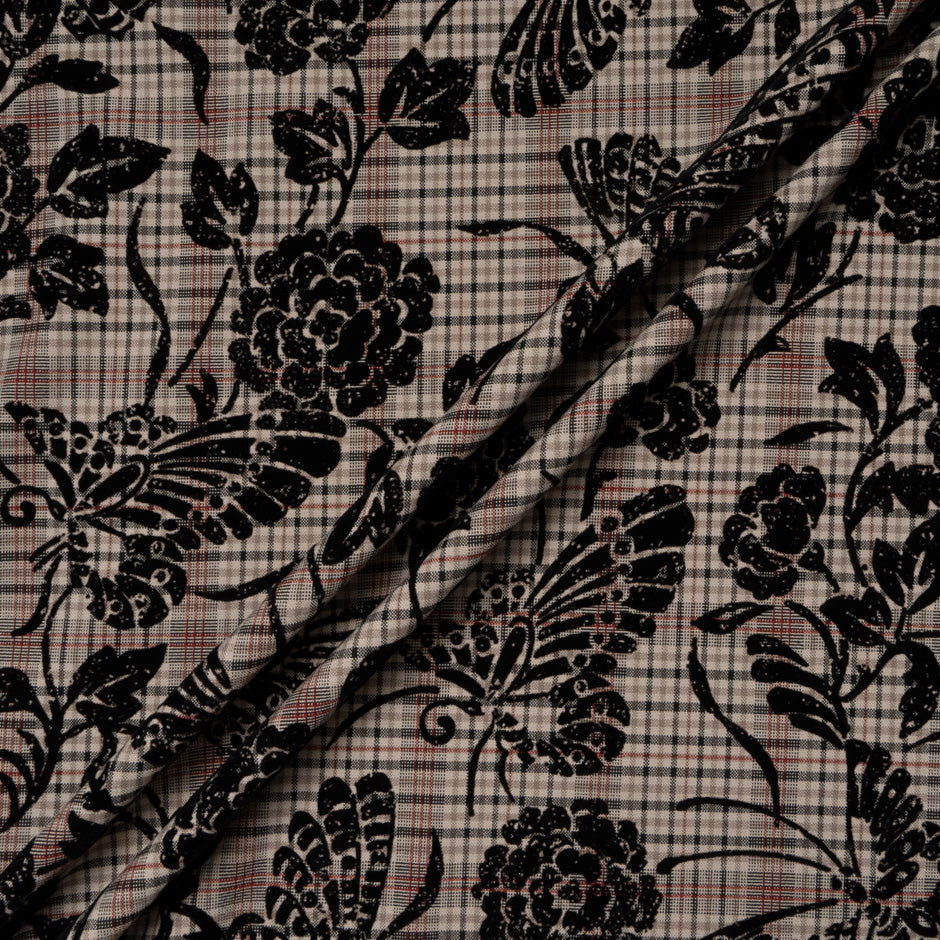 Floral & Butterfly Flocked Microfibre Check