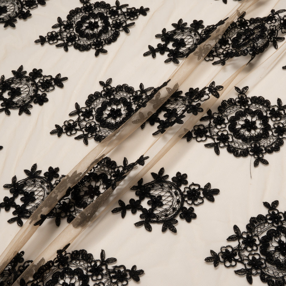 Black Hand Beaded Nude Tulle