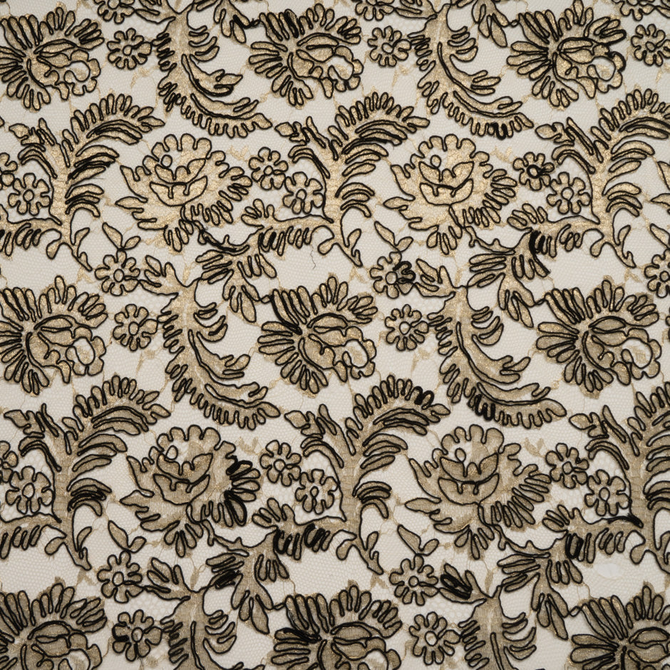 Black Floral Corded Gold Chantilly Lace