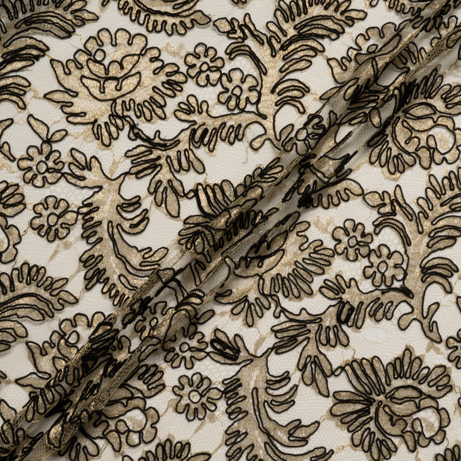 Black Floral Corded Gold Chantilly Lace
