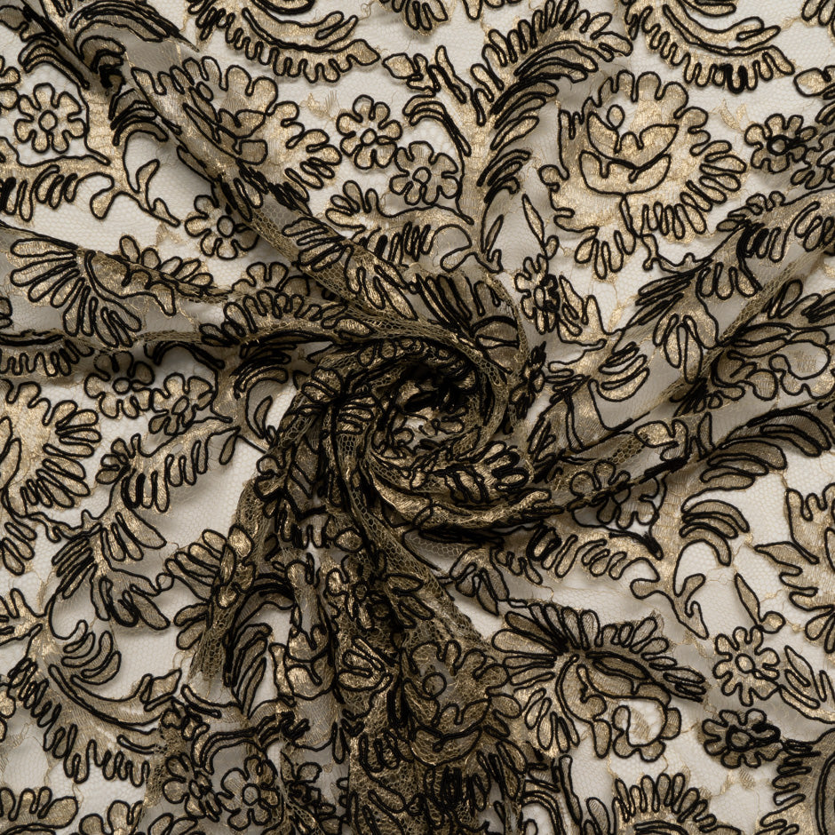 Black Floral Corded Gold Chantilly Lace
