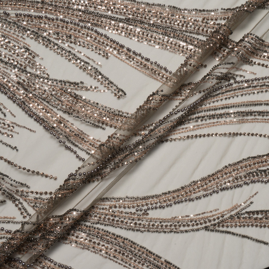 Pewter and Beige Beaded Tulle