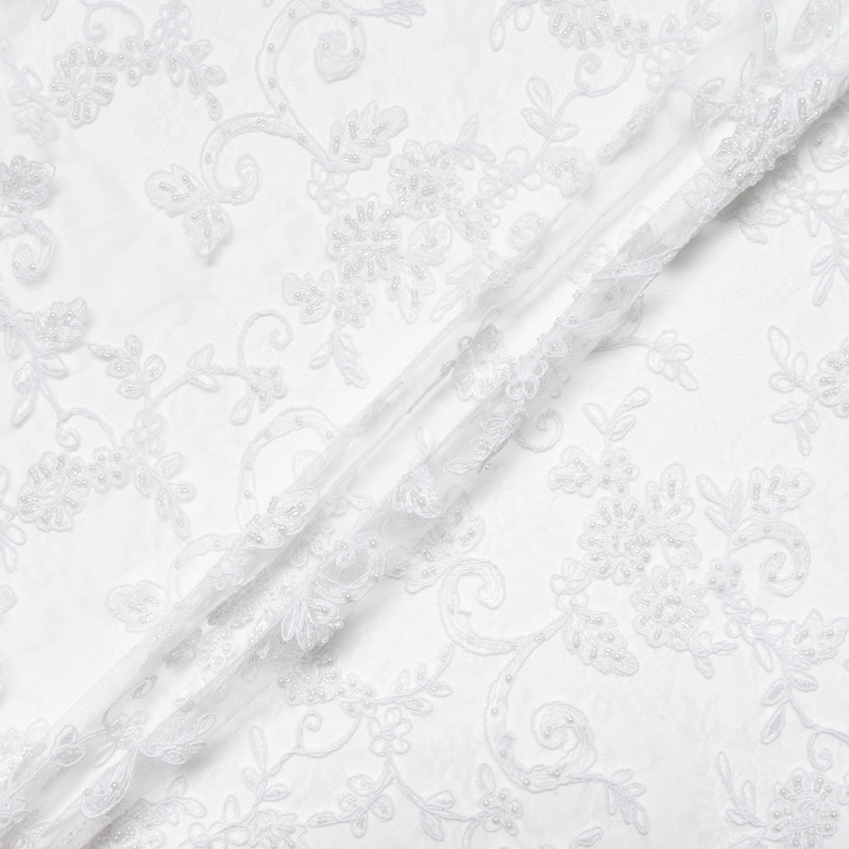 Floral White Beaded Embroidered Tulle